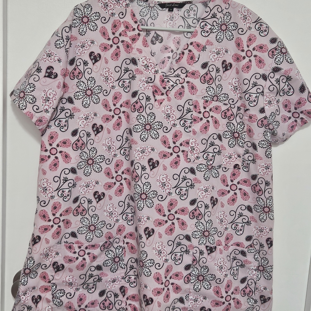 Just Love Pink Floral Heart Scrub Top 1X